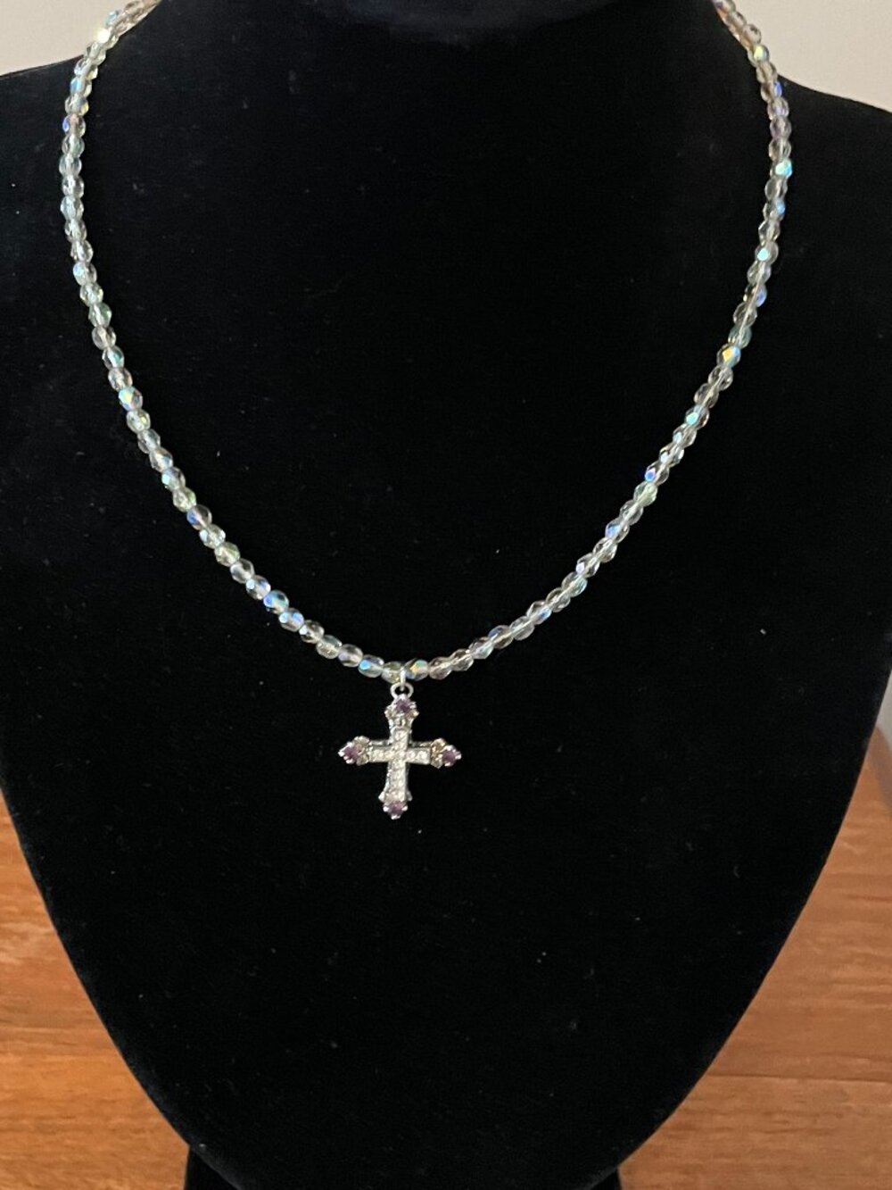 Kirks Folly Fantasia Cross Charm on clear Shimmer Bead Purple Pink accents